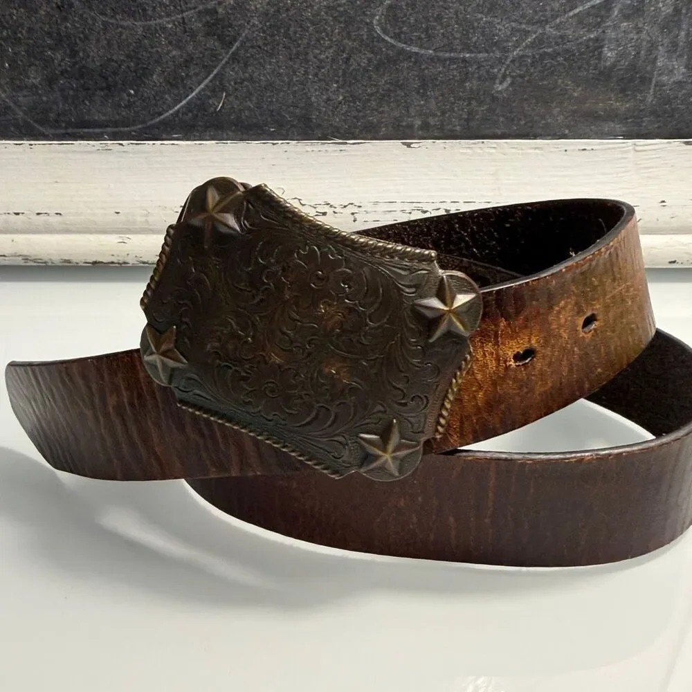 Streets Ahead Brown Leather Western Belt Oversized Floral Star Buckle